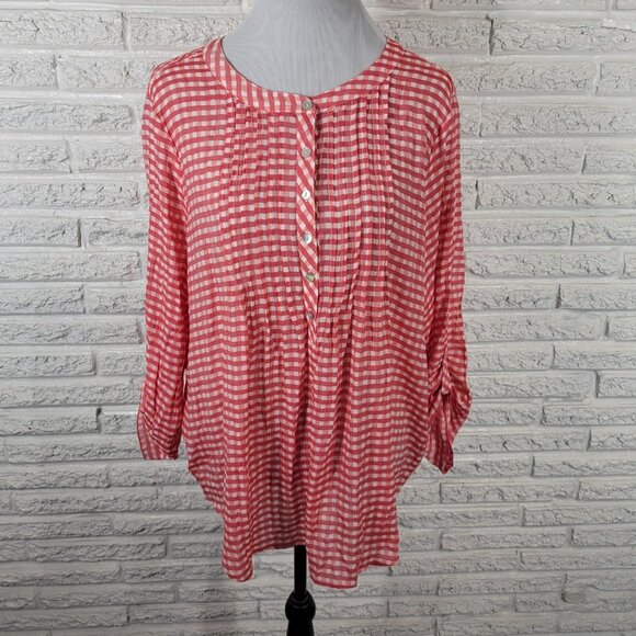 Ruby Rd Women Top 1X Plus Tunic Red Gingham Check Semi Sheer Pintuck PLA27E - Picture 1 of 9